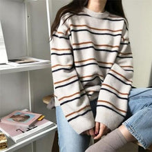 Lade das Bild in den Galerie-Viewer, Autumn O-Neck Pullover Women Soft Sweaters Chic Daily Tops Sweet Student Striped Harajuku Women Pullover Knitted Loose Tops