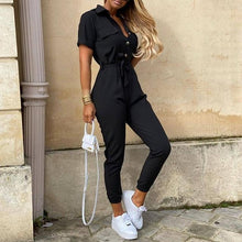 Lade das Bild in den Galerie-Viewer, Women Casual solid color Jumpsuit 2020 Summer Deep V Neck Button Shirt Overalls Short Sleeve Office Lady One Piece Romper Belt