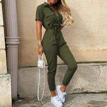 Lade das Bild in den Galerie-Viewer, Women Casual solid color Jumpsuit 2020 Summer Deep V Neck Button Shirt Overalls Short Sleeve Office Lady One Piece Romper Belt