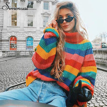Lade das Bild in den Galerie-Viewer, Simenual Rainbow turtleneck sweaters women winter 2018 jumpers knitted clothes fashion striped oversized pullover female sale
