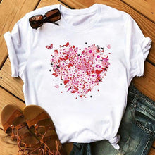 Lade das Bild in den Galerie-Viewer, Female T-shirt Romantic Heart Shaped Flowers Vogue Kawaii Harajuku T-Shirt Women Summer Casual Tshirts Korean Style Graphic Tops