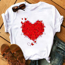Lade das Bild in den Galerie-Viewer, Female T-shirt Romantic Heart Shaped Flowers Vogue Kawaii Harajuku T-Shirt Women Summer Casual Tshirts Korean Style Graphic Tops