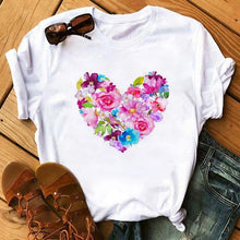 Lade das Bild in den Galerie-Viewer, Female T-shirt Romantic Heart Shaped Flowers Vogue Kawaii Harajuku T-Shirt Women Summer Casual Tshirts Korean Style Graphic Tops