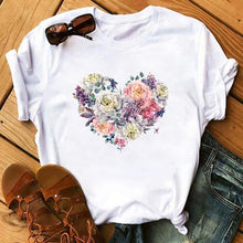 Lade das Bild in den Galerie-Viewer, Female T-shirt Romantic Heart Shaped Flowers Vogue Kawaii Harajuku T-Shirt Women Summer Casual Tshirts Korean Style Graphic Tops