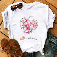 Lade das Bild in den Galerie-Viewer, Female T-shirt Romantic Heart Shaped Flowers Vogue Kawaii Harajuku T-Shirt Women Summer Casual Tshirts Korean Style Graphic Tops
