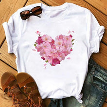Lade das Bild in den Galerie-Viewer, Female T-shirt Romantic Heart Shaped Flowers Vogue Kawaii Harajuku T-Shirt Women Summer Casual Tshirts Korean Style Graphic Tops