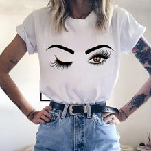 Lade das Bild in den Galerie-Viewer, 2020 New Shirts Women Princess Makeup Art Pink Eyelashes Print Vogue Top Female T-shirt Summer Harajuku Streetwear Short Clothes