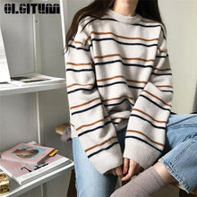 Lade das Bild in den Galerie-Viewer, Autumn O-Neck Pullover Women Soft Sweaters Chic Daily Tops Sweet Student Striped Harajuku Women Pullover Knitted Loose Tops
