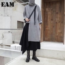Lade das Bild in den Galerie-Viewer, [EAM] 2020 New Spring Autumn High Collar Long Sleeve Black Irregular Stitch Big Size Long Knitting Sweater Women Fashion JL734

