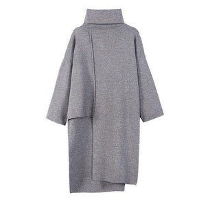 [EAM] 2020 New Spring Autumn High Collar Long Sleeve Black Irregular Stitch Big Size Long Knitting Sweater Women Fashion JL734