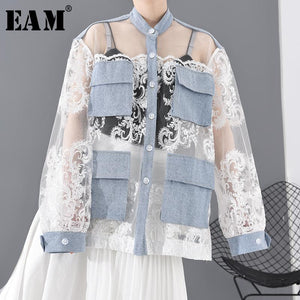 [EAM] Loose Fit White Lace Perspective Big Size Jacket New Stand Collar Long Sleeve Women Coat Fashion Tide Spring 2020 JU30105