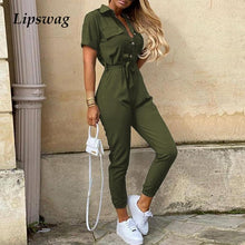 Lade das Bild in den Galerie-Viewer, Women Casual solid color Jumpsuit 2020 Summer Deep V Neck Button Shirt Overalls Short Sleeve Office Lady One Piece Romper Belt
