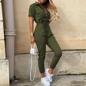 Women Casual solid color Jumpsuit 2020 Summer Deep V Neck Button Shirt Overalls Short Sleeve Office Lady One Piece Romper Belt