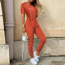 Lade das Bild in den Galerie-Viewer, Women Casual solid color Jumpsuit 2020 Summer Deep V Neck Button Shirt Overalls Short Sleeve Office Lady One Piece Romper Belt
