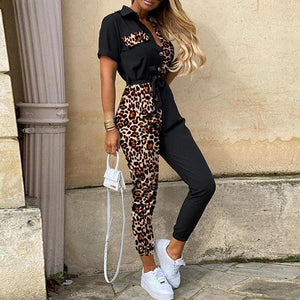 Women Casual solid color Jumpsuit 2020 Summer Deep V Neck Button Shirt Overalls Short Sleeve Office Lady One Piece Romper Belt