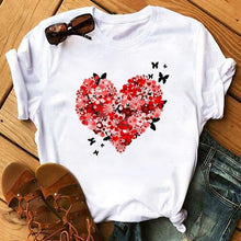 Lade das Bild in den Galerie-Viewer, Female T-shirt Romantic Heart Shaped Flowers Vogue Kawaii Harajuku T-Shirt Women Summer Casual Tshirts Korean Style Graphic Tops
