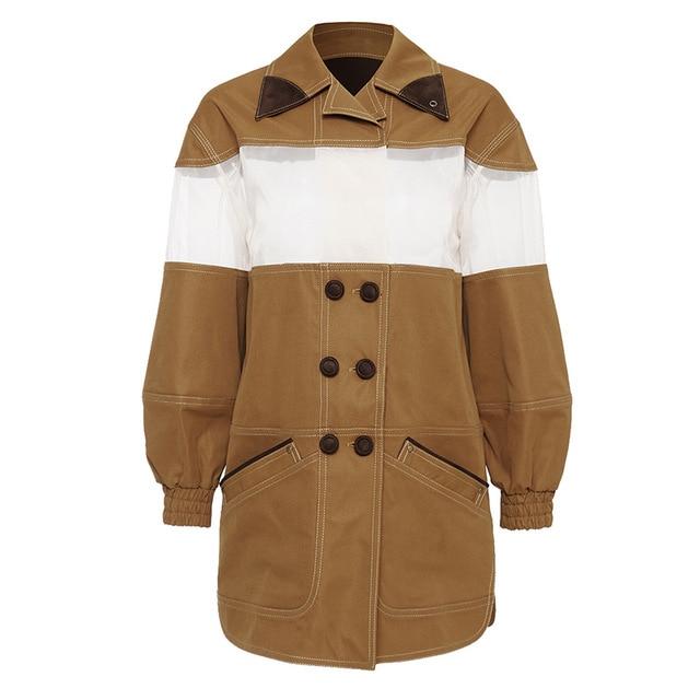 [EAM] Loose Fit Khaki Mesh Split Joint Temperament Jacket New Lapel Long Sleeve Women Coat Fashion Tide Spring 2020 1U864