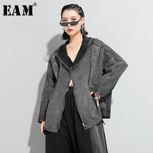 Lade das Bild in den Galerie-Viewer, [EAM] Loose Fit Black Denim Split Joint Big Size Jacket New Hooded Long Sleeve Women Coat Fashion Tide Spring 2020 1R641
