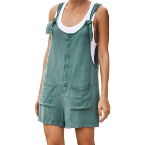 Women Rompers Summer Casual Loose Sleeveless Jumpsuit Solid Button Pocket Suspenders Bib Short Pants Wide Leg Playsuits Overalls