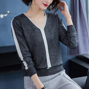 Women's bright silk long-sleeved sweater V-neck loose top red