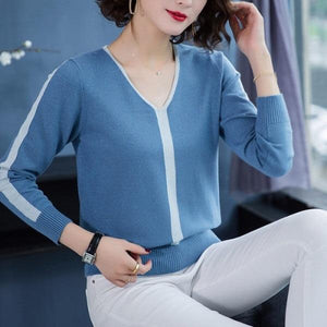 Women's bright silk long-sleeved sweater V-neck loose top red