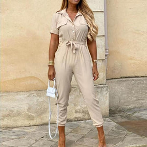 Women Casual solid color Jumpsuit 2020 Summer Deep V Neck Button Shirt Overalls Short Sleeve Office Lady One Piece Romper Belt