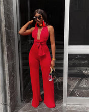 Lade das Bild in den Galerie-Viewer, Sexy Lace Up Jumpsuit Women V -Neck Body Femme Slim Elegant Wide Leg Romper Bandage Backless Overalls Female Outfits
