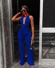 Lade das Bild in den Galerie-Viewer, Sexy Lace Up Jumpsuit Women V -Neck Body Femme Slim Elegant Wide Leg Romper Bandage Backless Overalls Female Outfits
