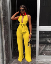 Lade das Bild in den Galerie-Viewer, Sexy Lace Up Jumpsuit Women V -Neck Body Femme Slim Elegant Wide Leg Romper Bandage Backless Overalls Female Outfits
