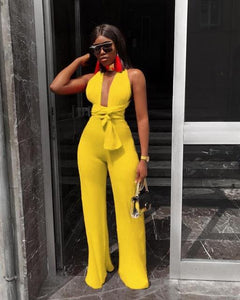 Sexy Lace Up Jumpsuit Women V -Neck Body Femme Slim Elegant Wide Leg Romper Bandage Backless Overalls Female Outfits