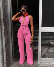 Lade das Bild in den Galerie-Viewer, Sexy Lace Up Jumpsuit Women V -Neck Body Femme Slim Elegant Wide Leg Romper Bandage Backless Overalls Female Outfits
