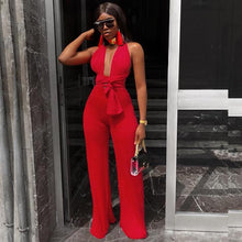 Lade das Bild in den Galerie-Viewer, Sexy Lace Up Jumpsuit Women V -Neck Body Femme Slim Elegant Wide Leg Romper Bandage Backless Overalls Female Outfits
