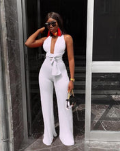 Lade das Bild in den Galerie-Viewer, Sexy Lace Up Jumpsuit Women V -Neck Body Femme Slim Elegant Wide Leg Romper Bandage Backless Overalls Female Outfits
